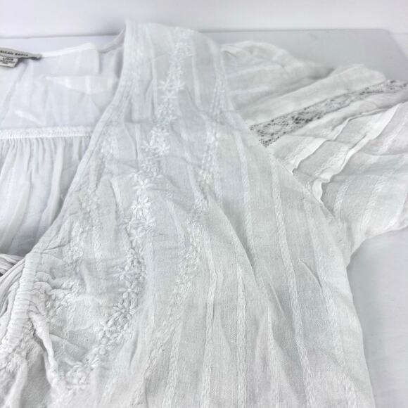 American Eagle V-Neck Gauzy Lace Tie-Front White Blouse Top BOHO L - Picture 8 of 14